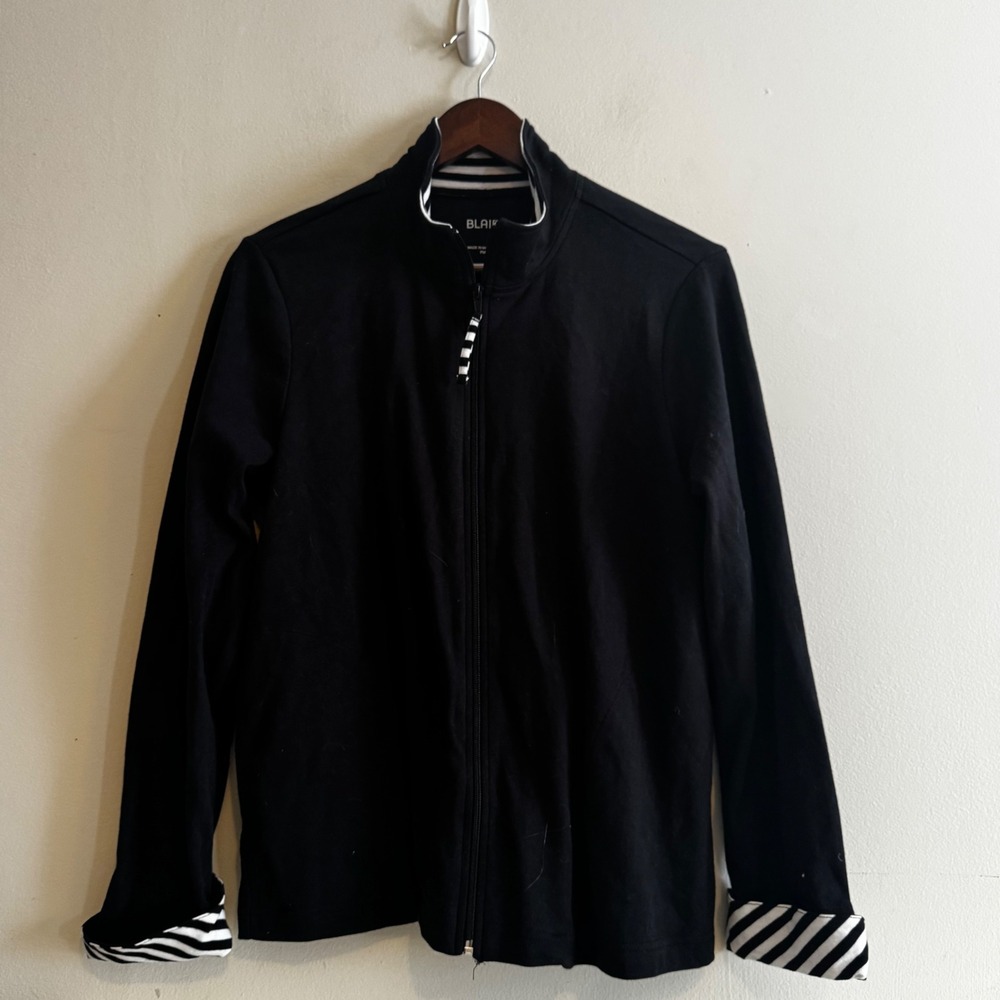 Blair Womens PM Black Full Zip Mock Neck Jacket Striped Cuffs Athleisure Basics